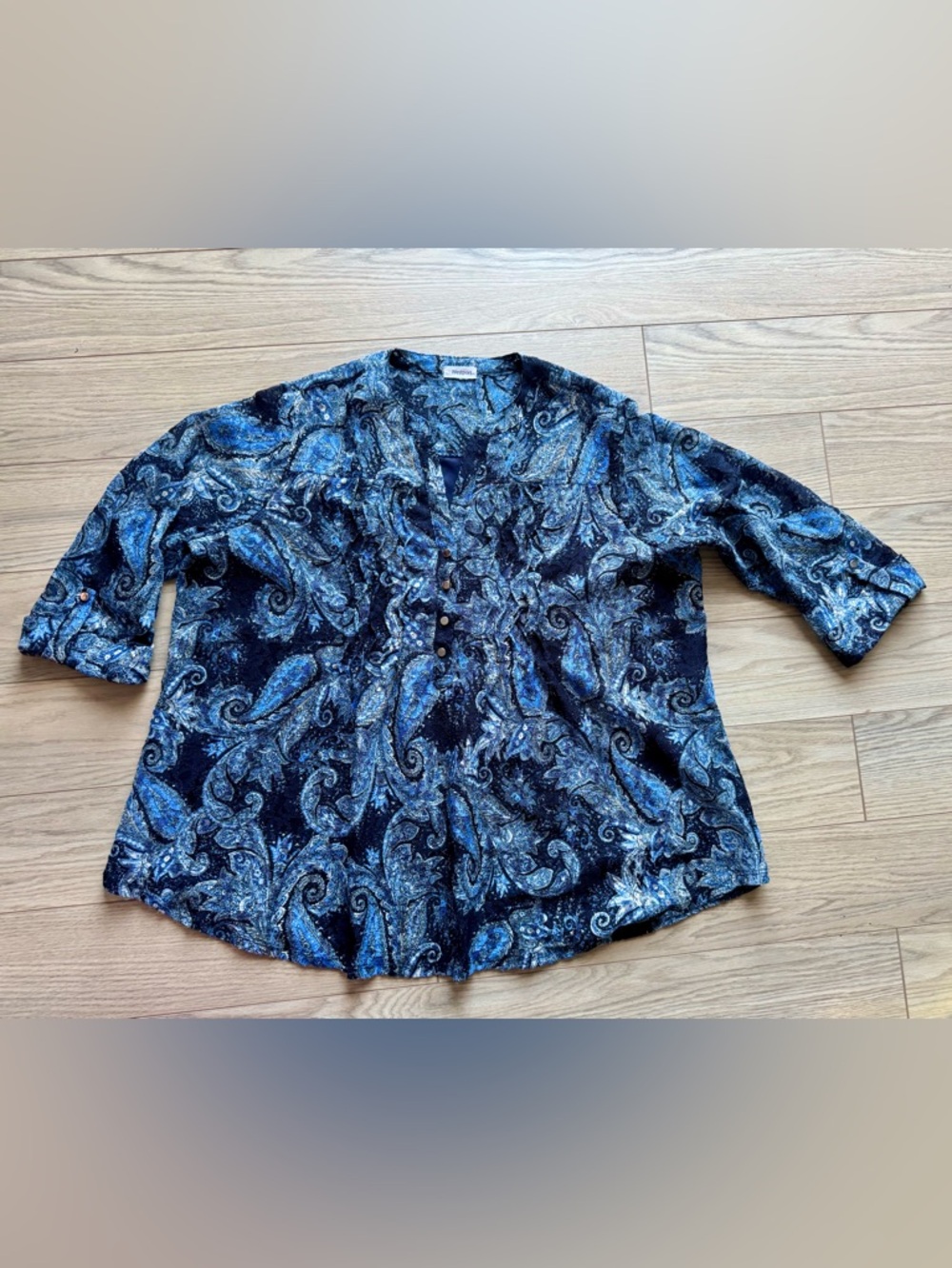 Westport Navy and Light Blue Paisley Button-Front Blouse